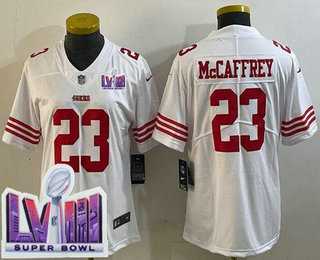 Womens San Francisco 49ers #23 Christian McCaffrey Limited White LVIII Super Bowl Vapor Jersey